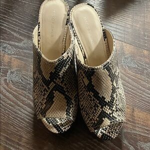 Marc Fisher Snake-Print Peep-Toe Mules in Beige and Black